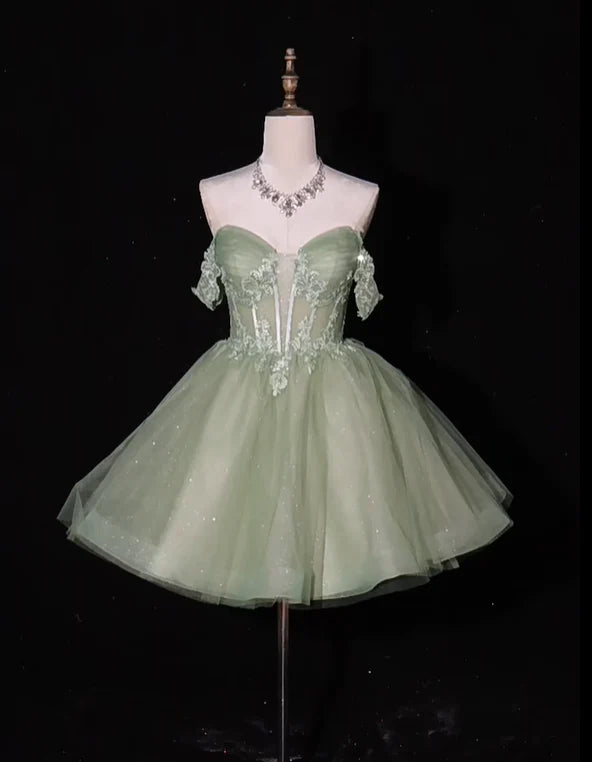 Aimishang Pretty A Line Off The Shoulder Green Tulle Appliques Short Party Prom Dress Sweet Graduation Homecoming Dress