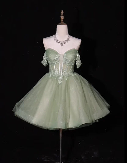 Aimishang Pretty A Line Off The Shoulder Green Tulle Appliques Short Party Prom Dress Sweet Graduation Homecoming Dress