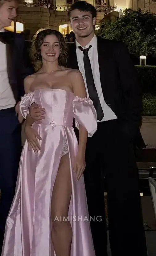 Aimishang Pretty A Line Off The Shoulder Satin Long Formal Prom Dress With Slit Elegant Wedding Guest Dress Sweet Party Evening Gowns