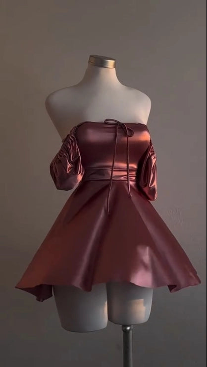 Aimishang Pretty A Line Short Sleeves Satin Summer Short Graduation Party Dress Cute Homecoming Dress