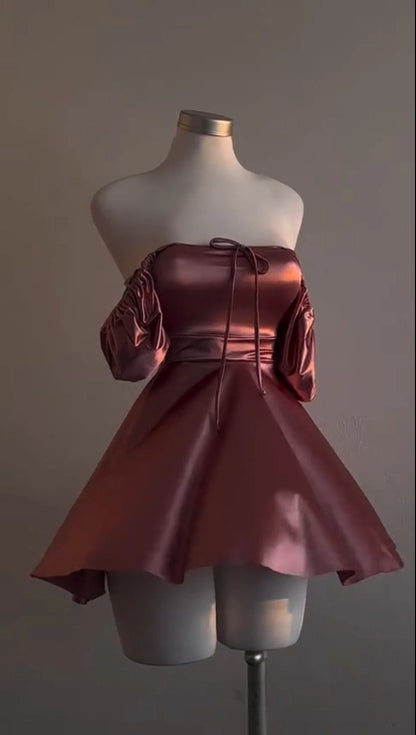 Aimishang Pretty A Line Short Sleeves Satin Summer Short Graduation Party Dress Cute Homecoming Dress