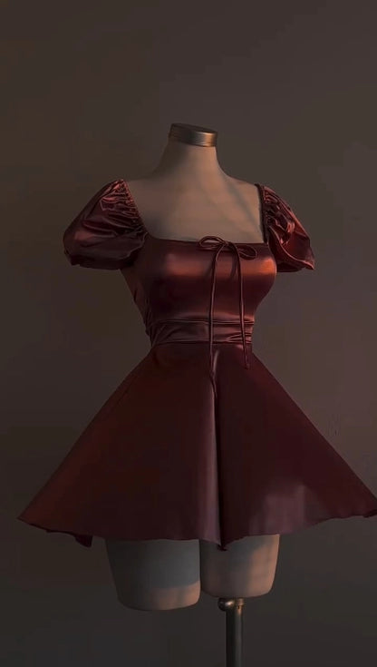 Aimishang Pretty A Line Short Sleeves Satin Summer Short Graduation Party Dress Cute Homecoming Dress