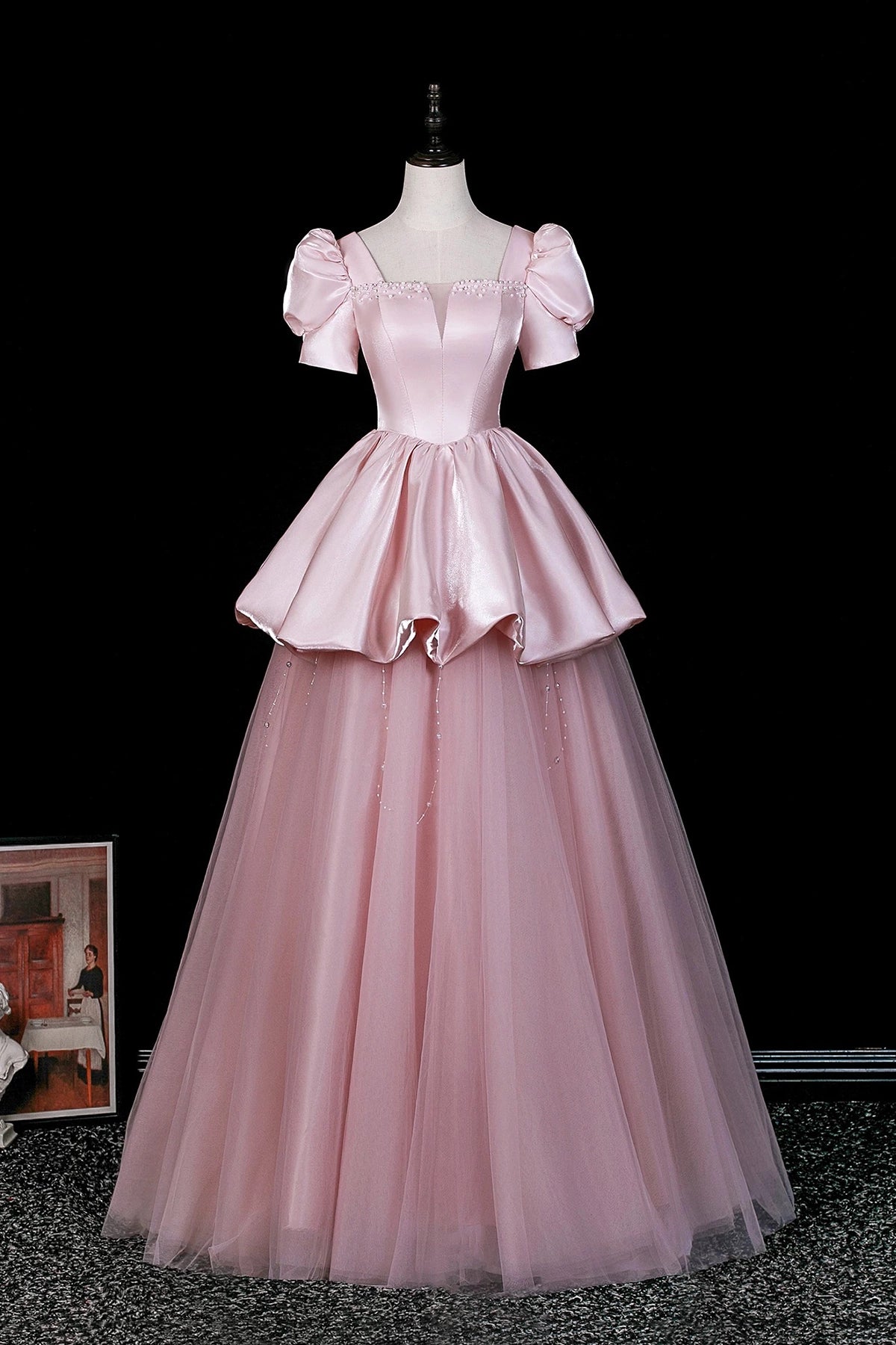Aimishang Pretty A Line Short Sleeves Satin Tulle Long Formal Prom Dress Chic Party Evening Gown with Beading