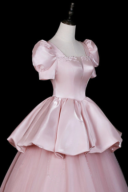 Aimishang Pretty A Line Short Sleeves Satin Tulle Long Formal Prom Dress Chic Party Evening Gown with Beading