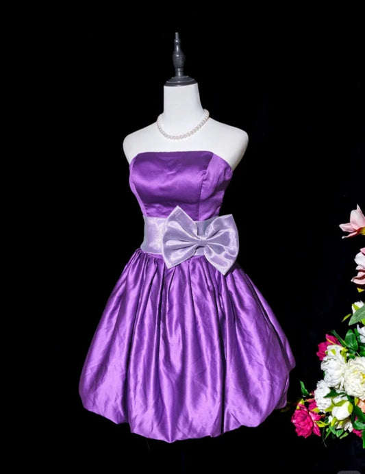 Aimishang Pretty A Line Strapless Purple Satin Short Graduation Party Dress Summer Homecoming Dress With Bow