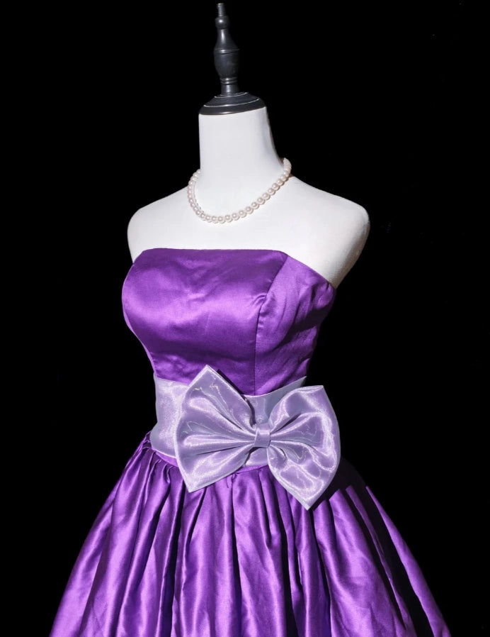 Aimishang Pretty A Line Strapless Purple Satin Short Graduation Party Dress Summer Homecoming Dress With Bow