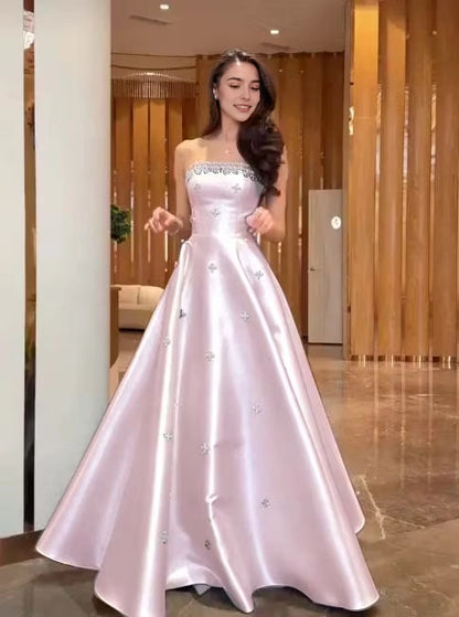 Aimishang Pretty A Line Strapless Satin Beaded Long Formal Prom Dress Elegant Party Evening Gown