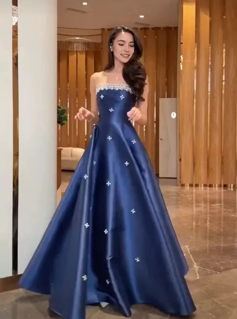 Aimishang Pretty A Line Strapless Satin Beaded Long Formal Prom Dress Elegant Party Evening Gown