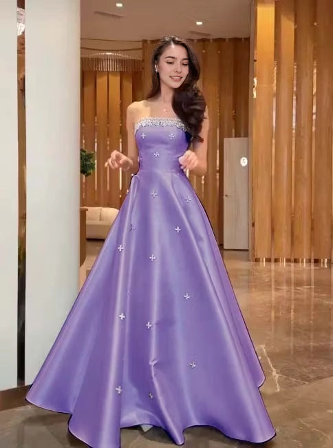 Aimishang Pretty A Line Strapless Satin Beaded Long Formal Prom Dress Elegant Party Evening Gown