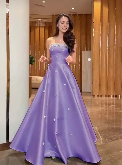 Aimishang Pretty A Line Strapless Satin Beaded Long Formal Prom Dress Elegant Party Evening Gown