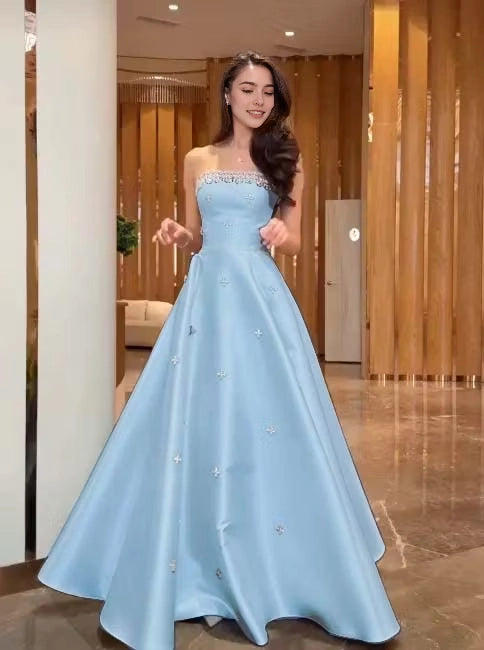 Aimishang Pretty A Line Strapless Satin Beaded Long Formal Prom Dress Elegant Party Evening Gown