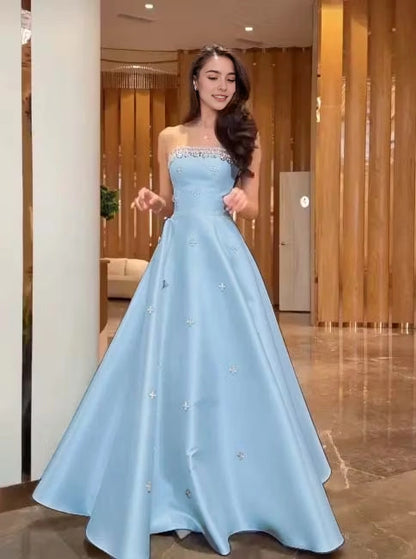 Aimishang Pretty A Line Strapless Satin Beaded Long Formal Prom Dress Elegant Party Evening Gown