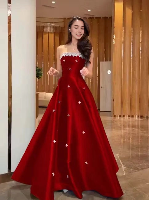 Aimishang Pretty A Line Strapless Satin Beaded Long Formal Prom Dress Elegant Party Evening Gown