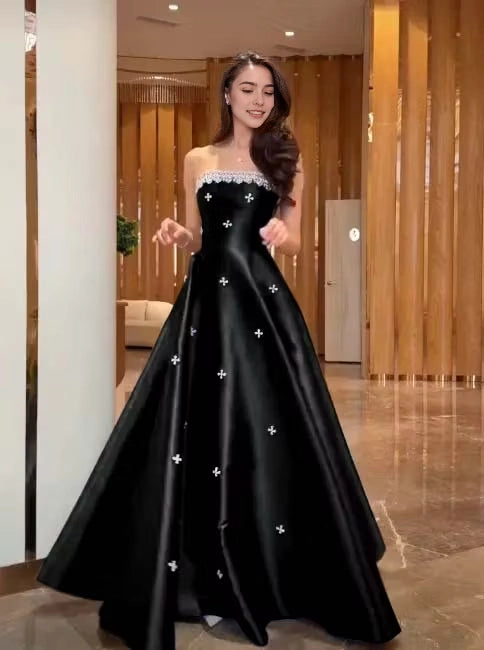 Aimishang Pretty A Line Strapless Satin Beaded Long Formal Prom Dress Elegant Party Evening Gown