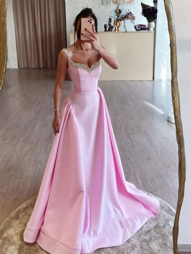 Aimishang Pretty A Line Straps Sweetheart Sleeveless Satin Long Party Evening Dress with Beadings