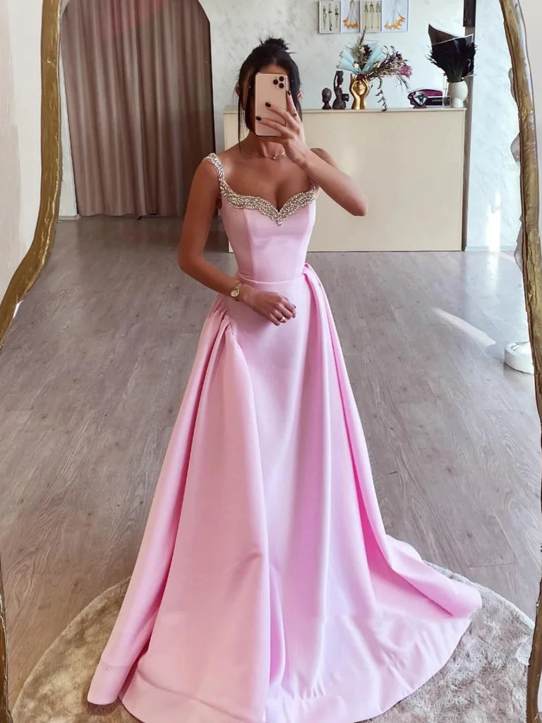 Aimishang Pretty A Line Straps Sweetheart Sleeveless Satin Long Party Evening Dress with Beadings