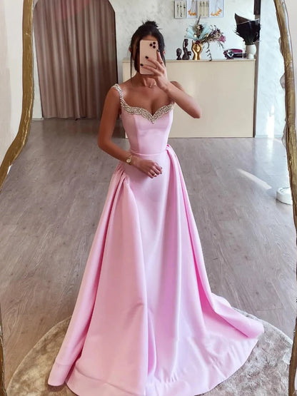 Aimishang Pretty A Line Straps Sweetheart Sleeveless Satin Long Party Evening Dress with Beadings