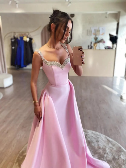 Aimishang Pretty A Line Straps Sweetheart Sleeveless Satin Long Party Evening Dress with Beadings