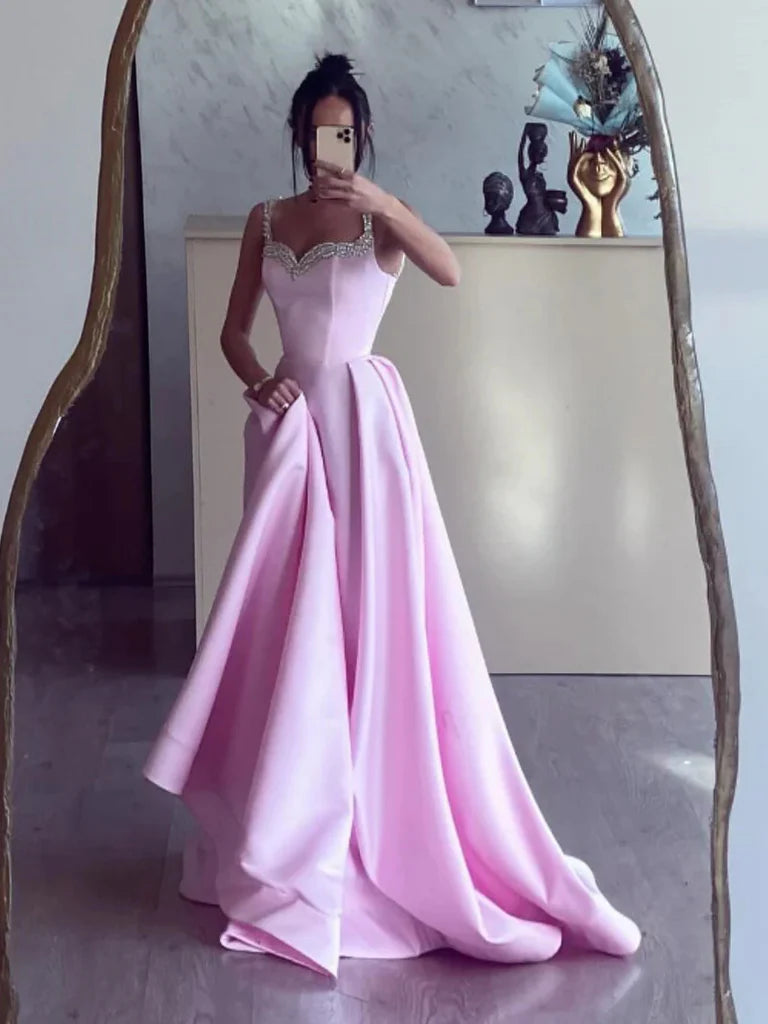 Aimishang Pretty A Line Straps Sweetheart Sleeveless Satin Long Party Evening Dress with Beadings