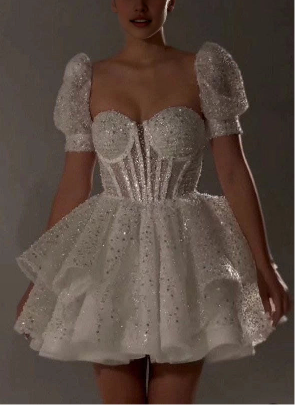 Aimishang Pretty A Line Sweetheart Neck Short Sleeves Homecoming Dress Shiny Birthday Party Dress