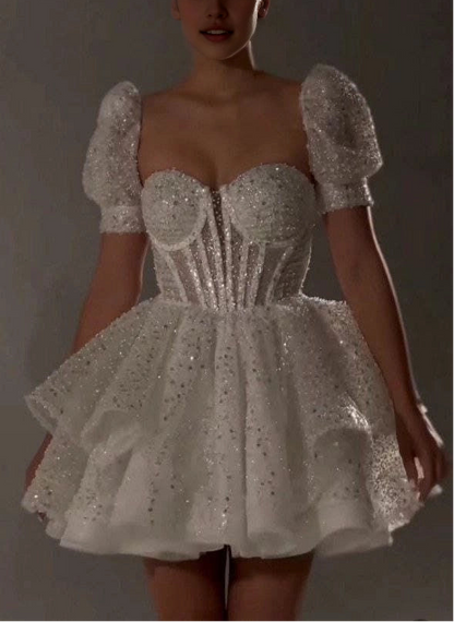 Aimishang Pretty A Line Sweetheart Neck Short Sleeves Homecoming Dress Shiny Birthday Party Dress