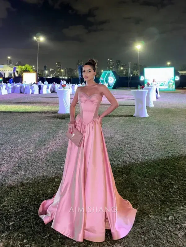 Aimishang Pretty A Line Sweetheart Sleeveless Satin Long Formal Prom Dress Elegant Wedding Guest Dress Charming Party Evening Gowns