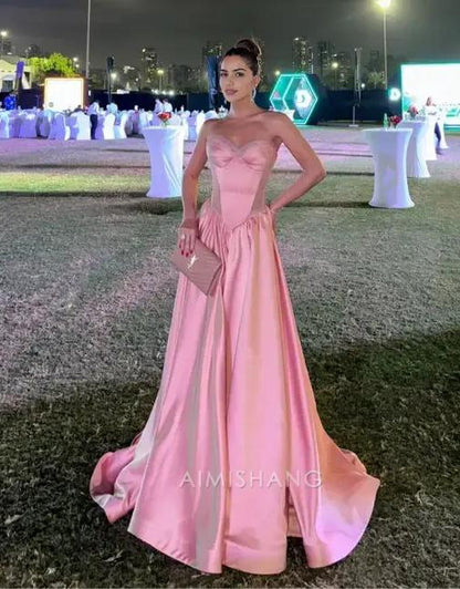 Aimishang Pretty A Line Sweetheart Sleeveless Satin Long Formal Prom Dress Elegant Wedding Guest Dress Charming Party Evening Gowns