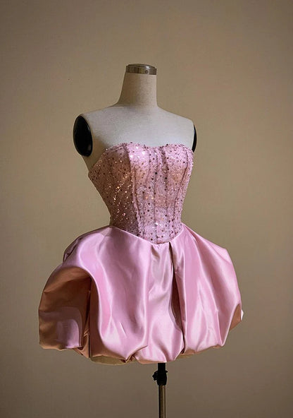 Aimishang Pretty A Line Sweetheart Strapless Sleeveless Satin Sequin Summer Short Party Prom Dress Sparkly Graduation Homecoming Dress