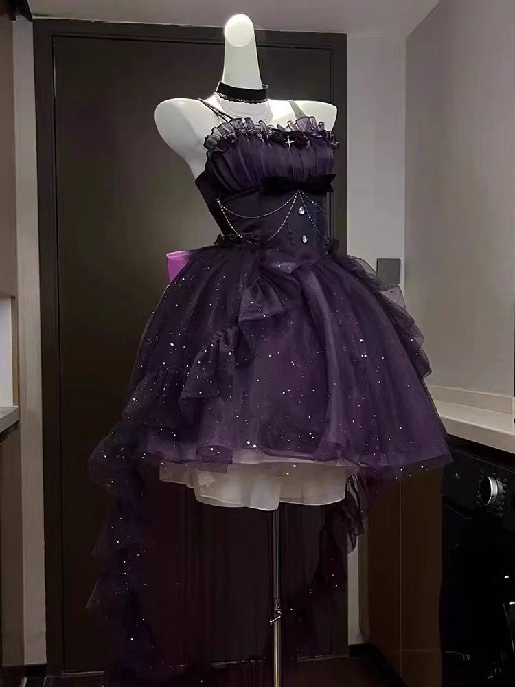 Aimishang Pretty Ball Gown Straps Sleeveless Navy Blue/ Purple Summer Homecoming Dress Shiny Birthday Party Dress