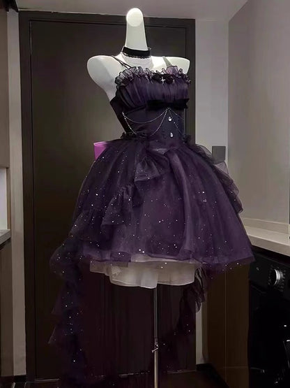 Aimishang Pretty Ball Gown Straps Sleeveless Navy Blue/ Purple Summer Homecoming Dress Shiny Birthday Party Dress