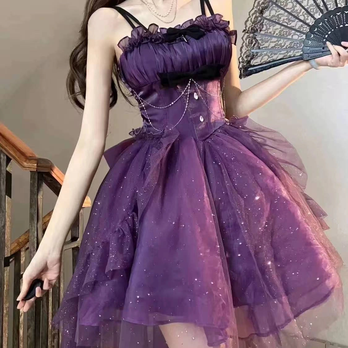Aimishang Pretty Ball Gown Straps Sleeveless Navy Blue/ Purple Summer Homecoming Dress Shiny Birthday Party Dress