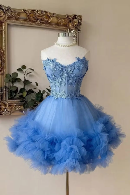 Aimishang Pretty Blue A Line Strapless Sleeveless Short Birthday Party Dress Chic Homecoming Dress with Appliques