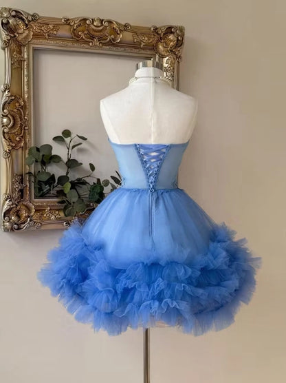Aimishang Pretty Blue A Line Strapless Sleeveless Short Birthday Party Dress Chic Homecoming Dress with Appliques