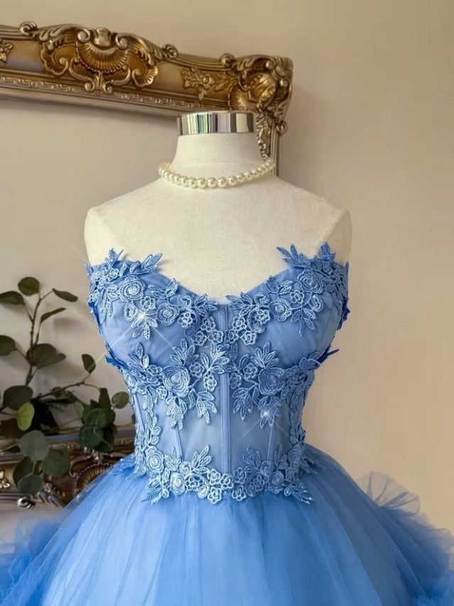 Aimishang Pretty Blue A Line Strapless Sleeveless Short Birthday Party Dress Chic Homecoming Dress with Appliques