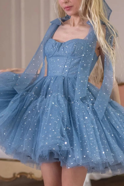 Aimishang Pretty Blue A Line Straps Sleeveless Short Birthday Party Dress Sparkly Graduation Homecoming Dress