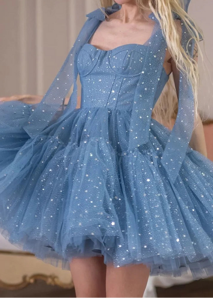 Aimishang Pretty Blue A Line Straps Sleeveless Short Birthday Party Dress Sparkly Graduation Homecoming Dress