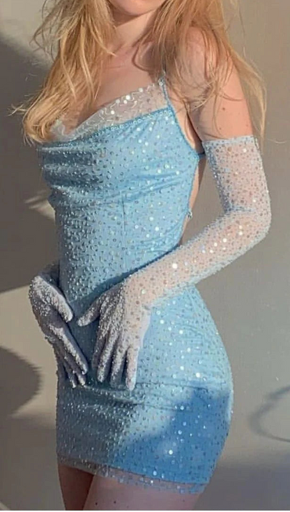 Aimishang Pretty Blue Sheath Sequin Sleeveless Summer Short Birthday Party Dress Fashion Graduation Homecoming Dress No With Gloves