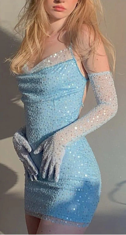 Aimishang Pretty Blue Sheath Sequin Sleeveless Summer Short Birthday Party Dress Fashion Graduation Homecoming Dress No With Gloves