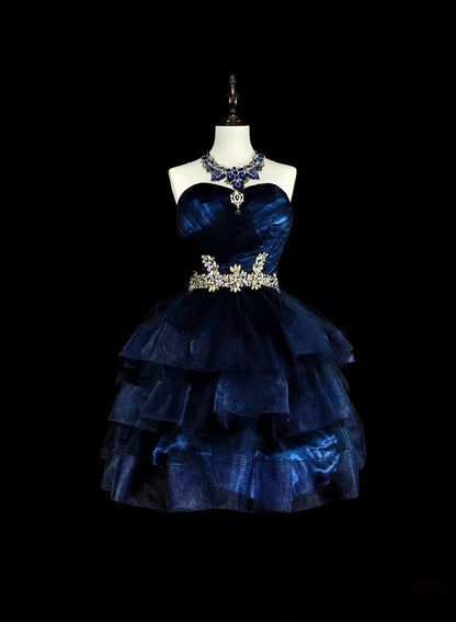 Aimishang Pretty Dark Blue A Line Sweetheart Neck Layered Sleeveless Beaded Short Summer Homecoming Dress