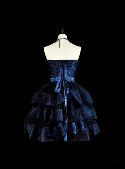 Aimishang Pretty Dark Blue A Line Sweetheart Neck Layered Sleeveless Beaded Short Summer Homecoming Dress