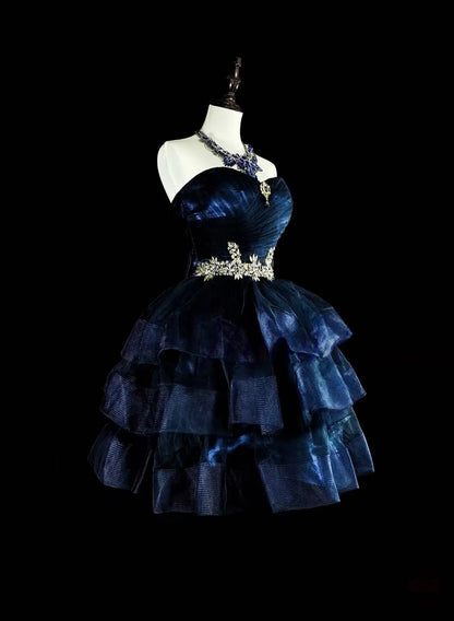 Aimishang Pretty Dark Blue A Line Sweetheart Neck Layered Sleeveless Beaded Short Summer Homecoming Dress