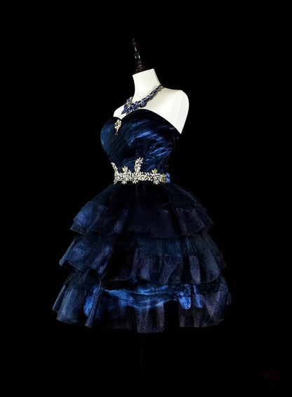 Aimishang Pretty Dark Blue A Line Sweetheart Neck Layered Sleeveless Beaded Short Summer Homecoming Dress