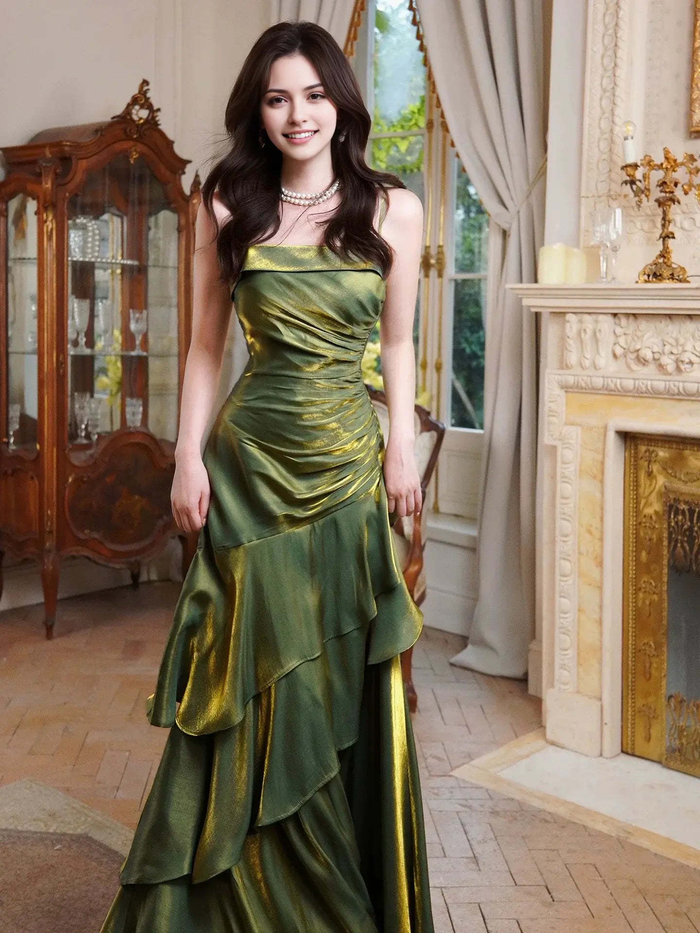 Aimishang Pretty Green Spaghetti Straps Sleeveless Evening Party Dress Elegant Long Formal Prom Dress