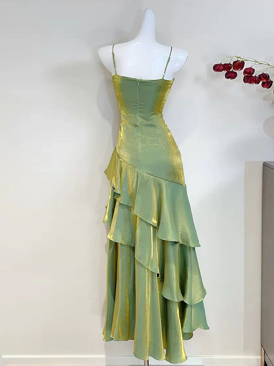 Aimishang Pretty Green Spaghetti Straps Sleeveless Evening Party Dress Elegant Long Formal Prom Dress