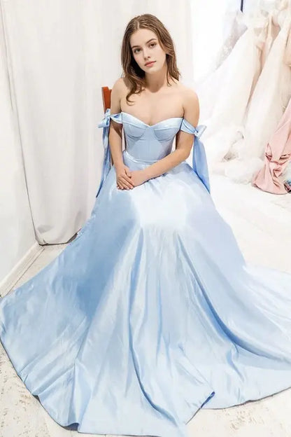 Aimishang Pretty Off-Shoulder A-Line Blue Satin Long Formal Prom Dress Lovely Party Evening Gown