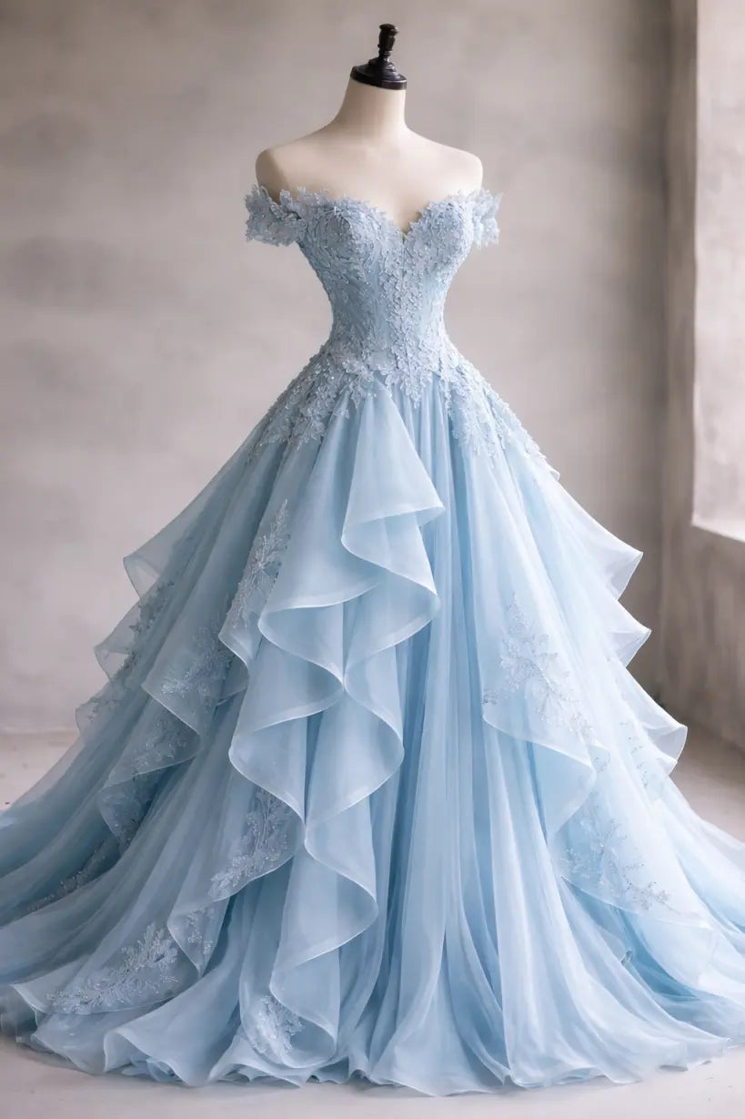 Aimishang Pretty Off-Shoulder A-Line Light Blue Long Formal Prom Dress Charming Evening Party Dress with Appliques