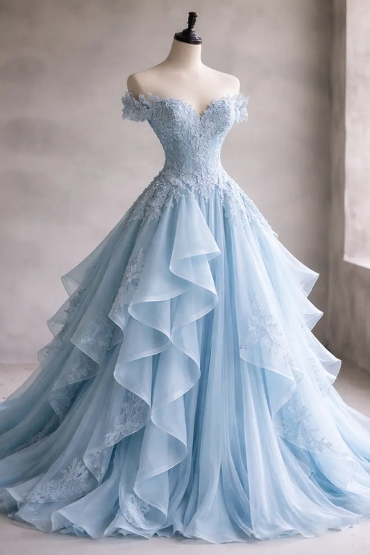 Aimishang Pretty Off-Shoulder A-Line Light Blue Long Formal Prom Dress Charming Evening Party Dress with Appliques