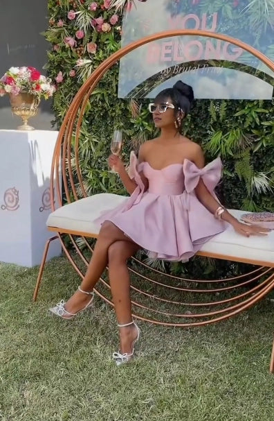 Aimishang Pretty Off The Shoulder Bow A Line Short Summer Birthday Party Dress Cute Mini Graduation Homecoming Dress
