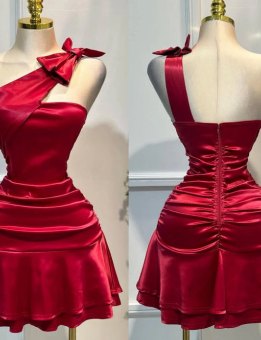 Aimishang Pretty One Shoulder Satin Sleeveless Short Summer Homecoming Dress Cute Graduation Party Dress