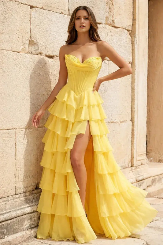 Aimishang Pretty Princess A-Line Strapless Ruffles Long Formal Prom Dress Elegant Evening Party Dress With Slit